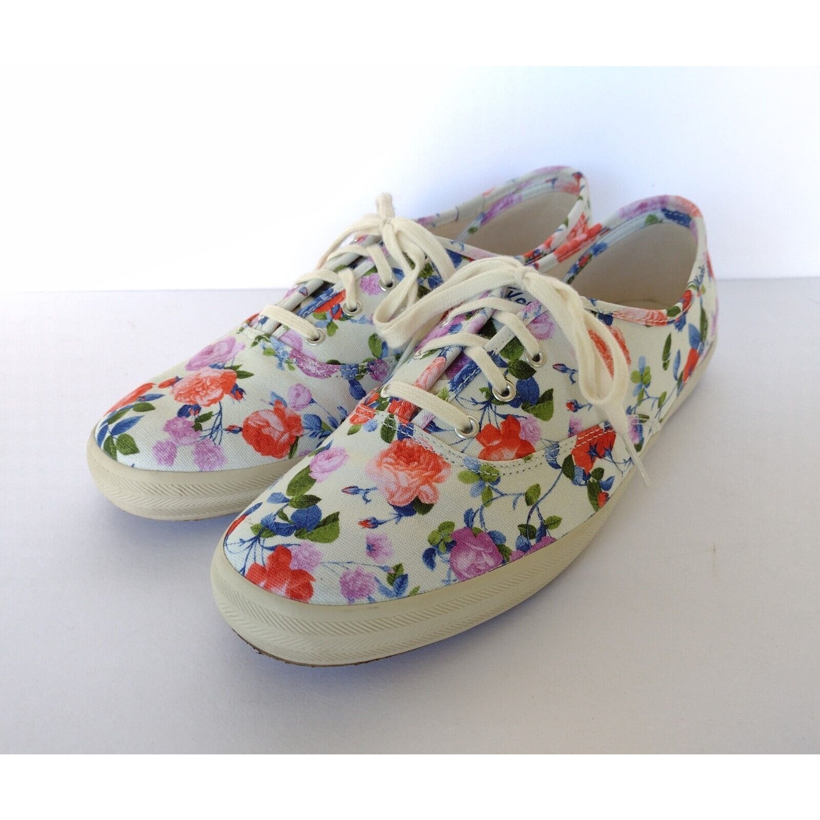 Keds White Floral Canvas Sneakers With Red, Pink, Purple And Green Accents